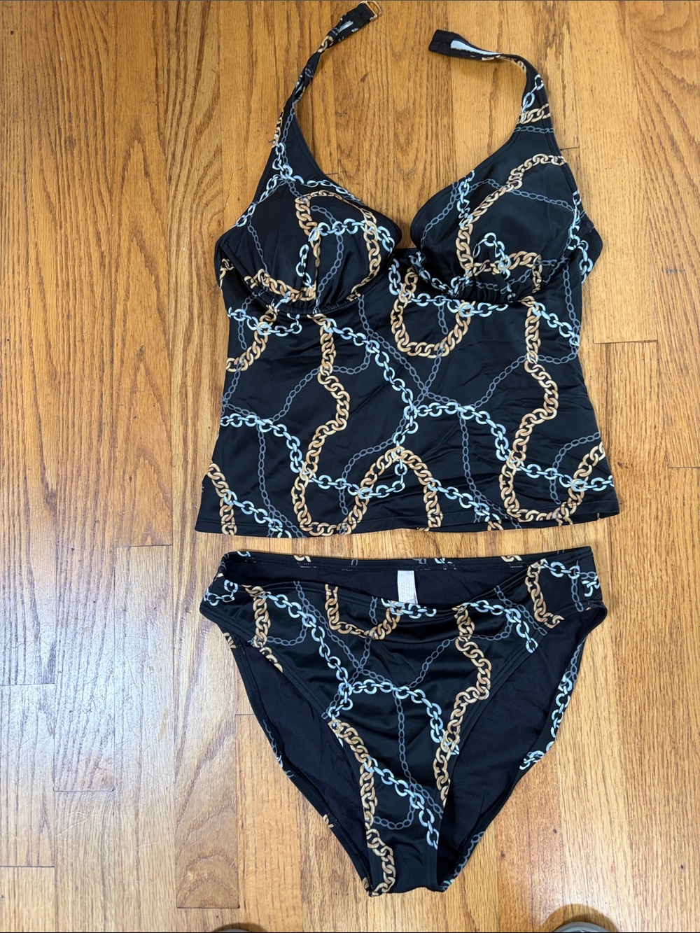 Victoria's Secret Black Tankini with Gold and Silver Chain Print